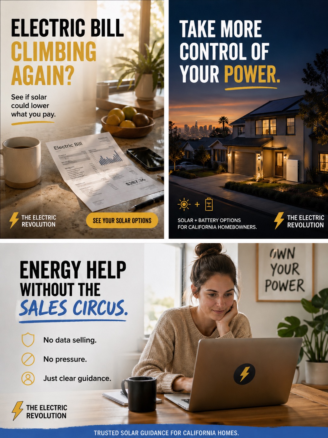 Collage of solar benefits and controls